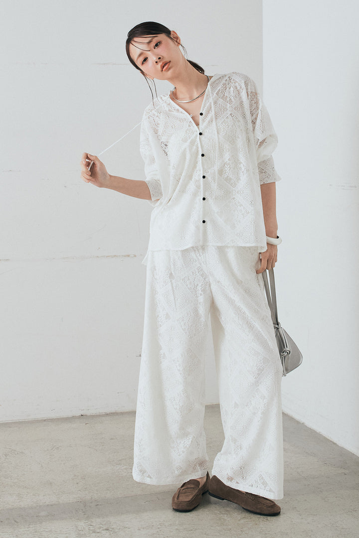 [SET]ブロックレースフード付きブラウス+リラックスブロックレースワイドパンツ(2set)