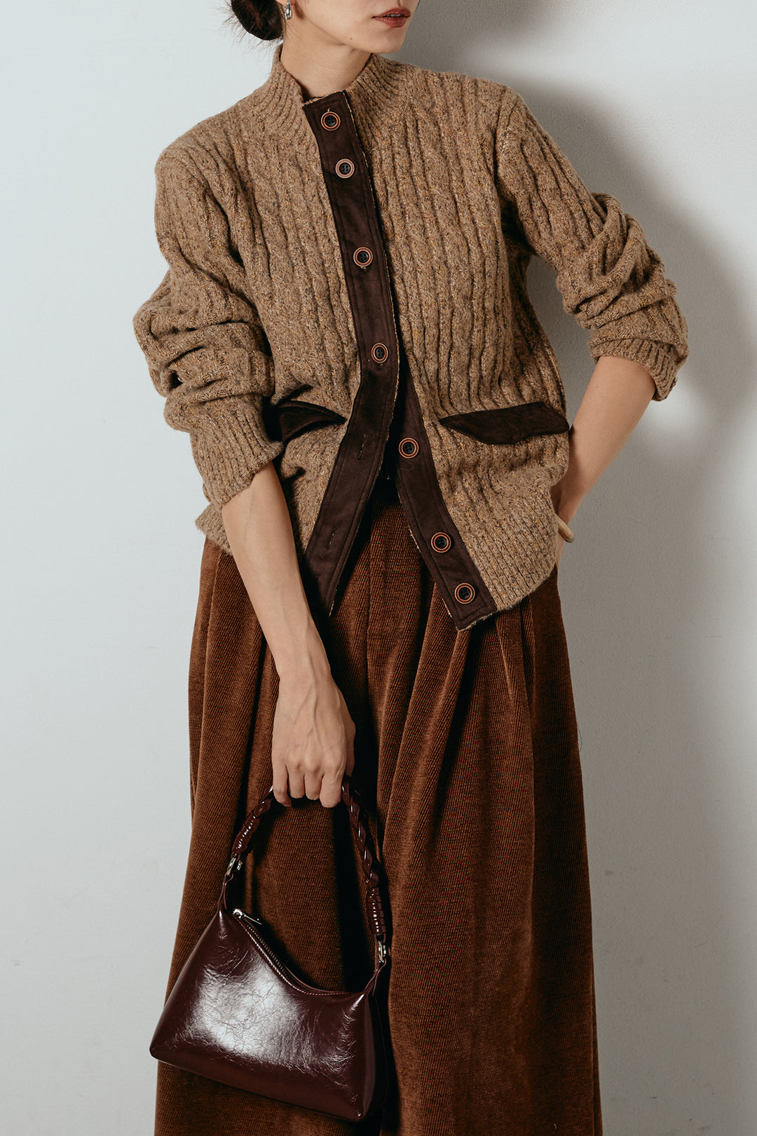 [SET]ボトルネックケーブルニットカーディガン+ベルトループコーデュロイワイドパンツ(2set)