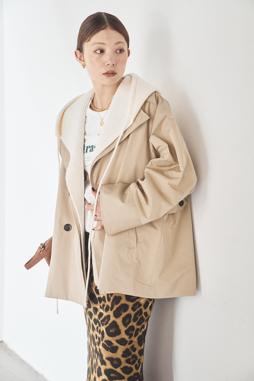 [SET]ナイロントレンチコート+レオパードサテンナロースカート(2set)
