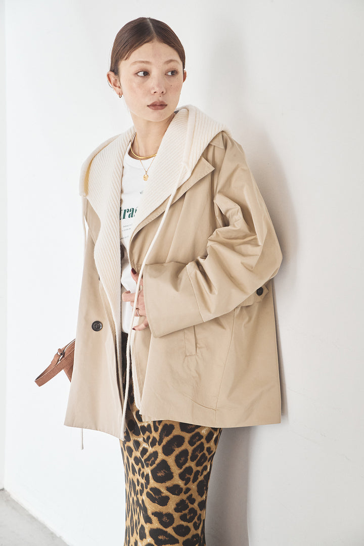 [SET]ナイロントレンチコート+レオパードサテンナロースカート(2set)