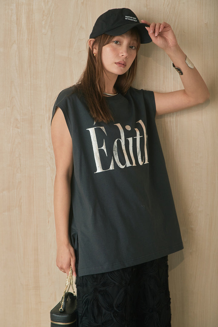 [SET]箔ロゴプリントノースリーブTシャツ+立体レースストレートパンツ(2set)