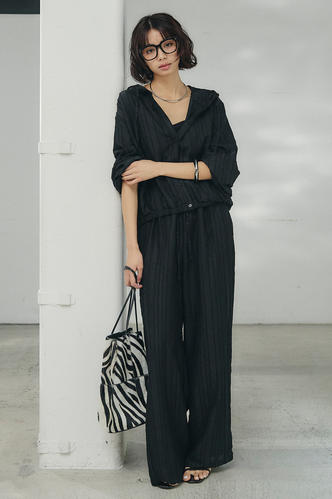 [SET]ストライプジャガードフードシャツ+ストライプジャガードロングイージーパンツ(2set)