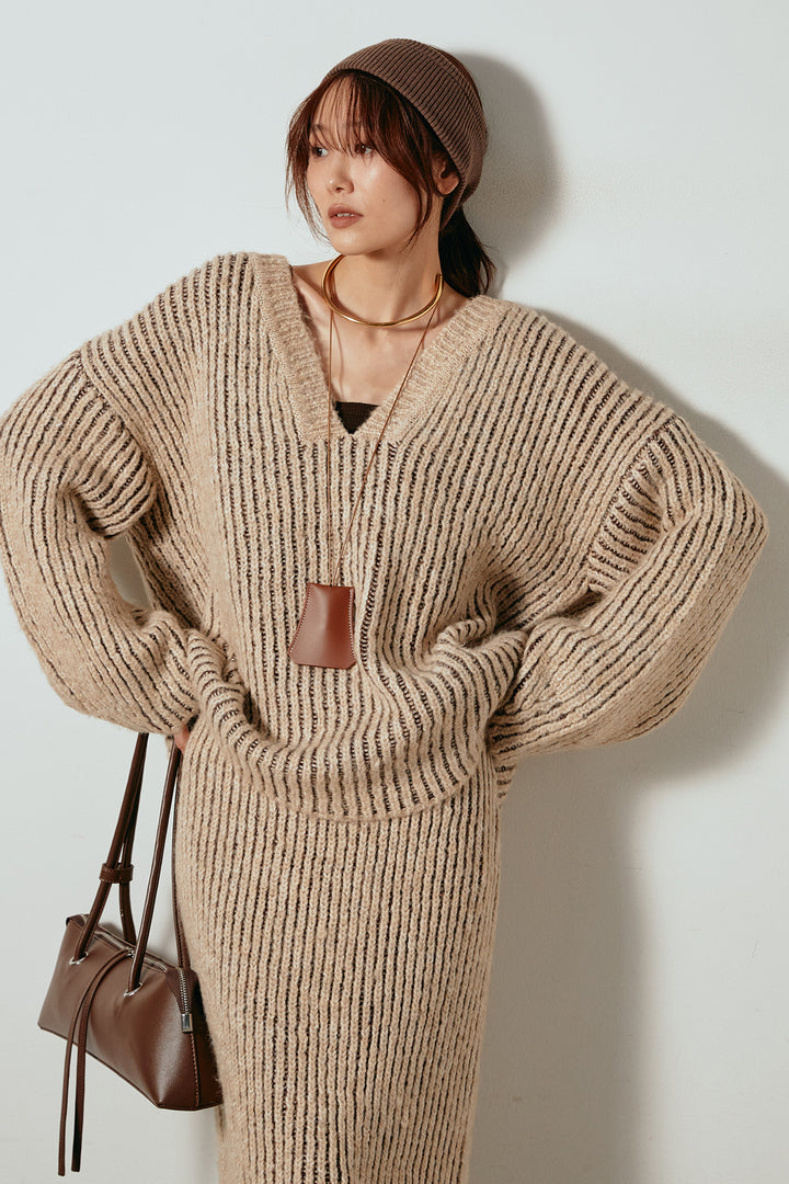 [SET]アルパカタッチ深Vニットトップス+アルパカタッチニットタイトスカート(2set)