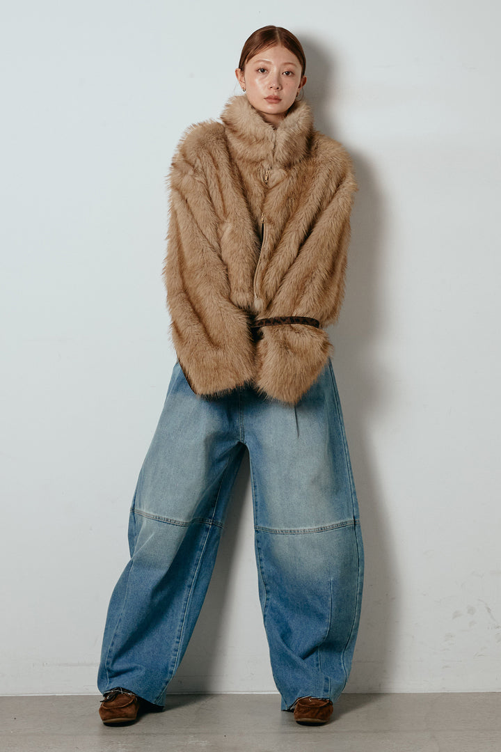 [SET]エコファーショート丈ブルゾン+加工デニムタックコクーンワイドパンツ(2set)