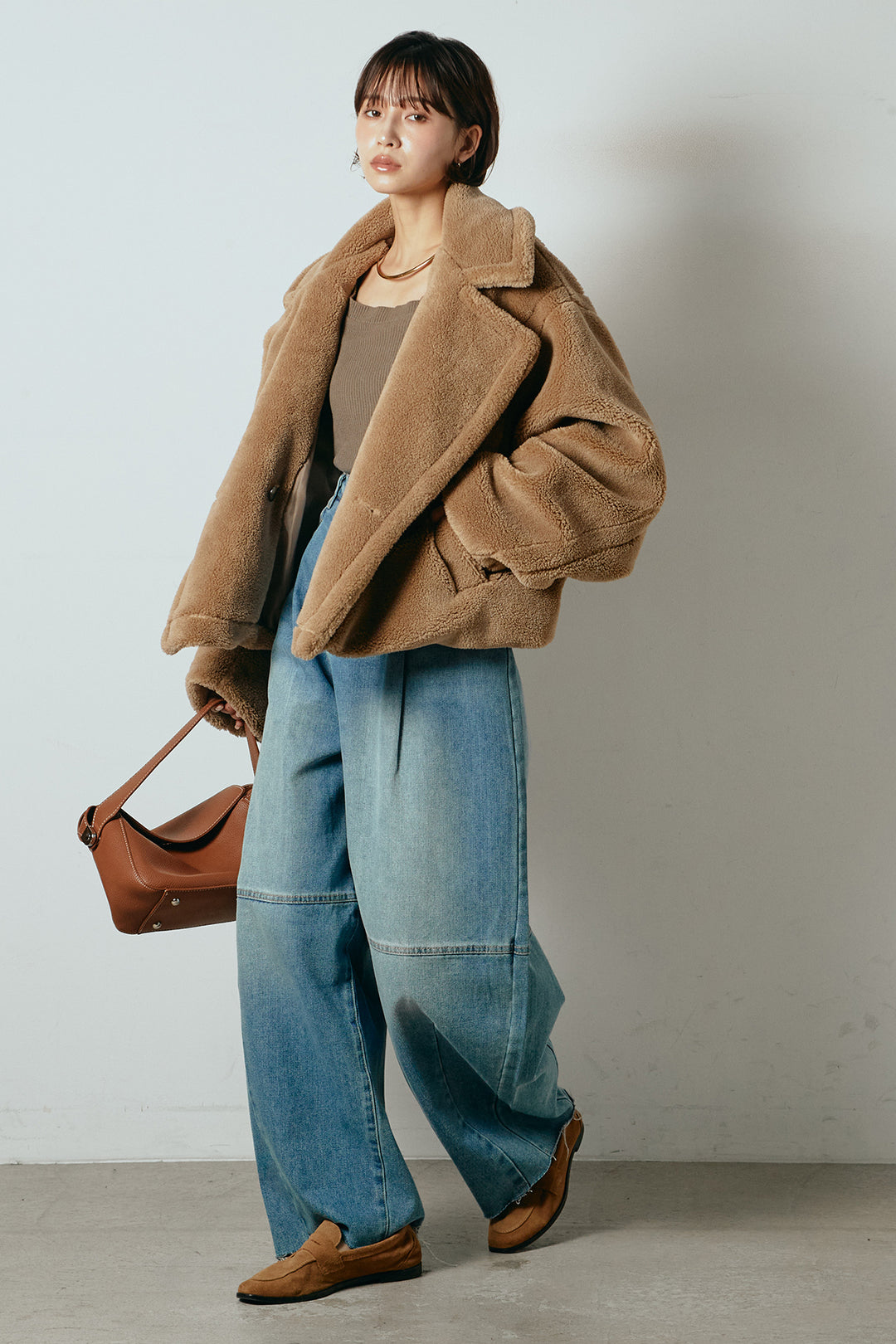 【2月中旬発送】
[SET]テディボアショートジャケット+加工デニムタックコクーンワイドパンツ(2set)