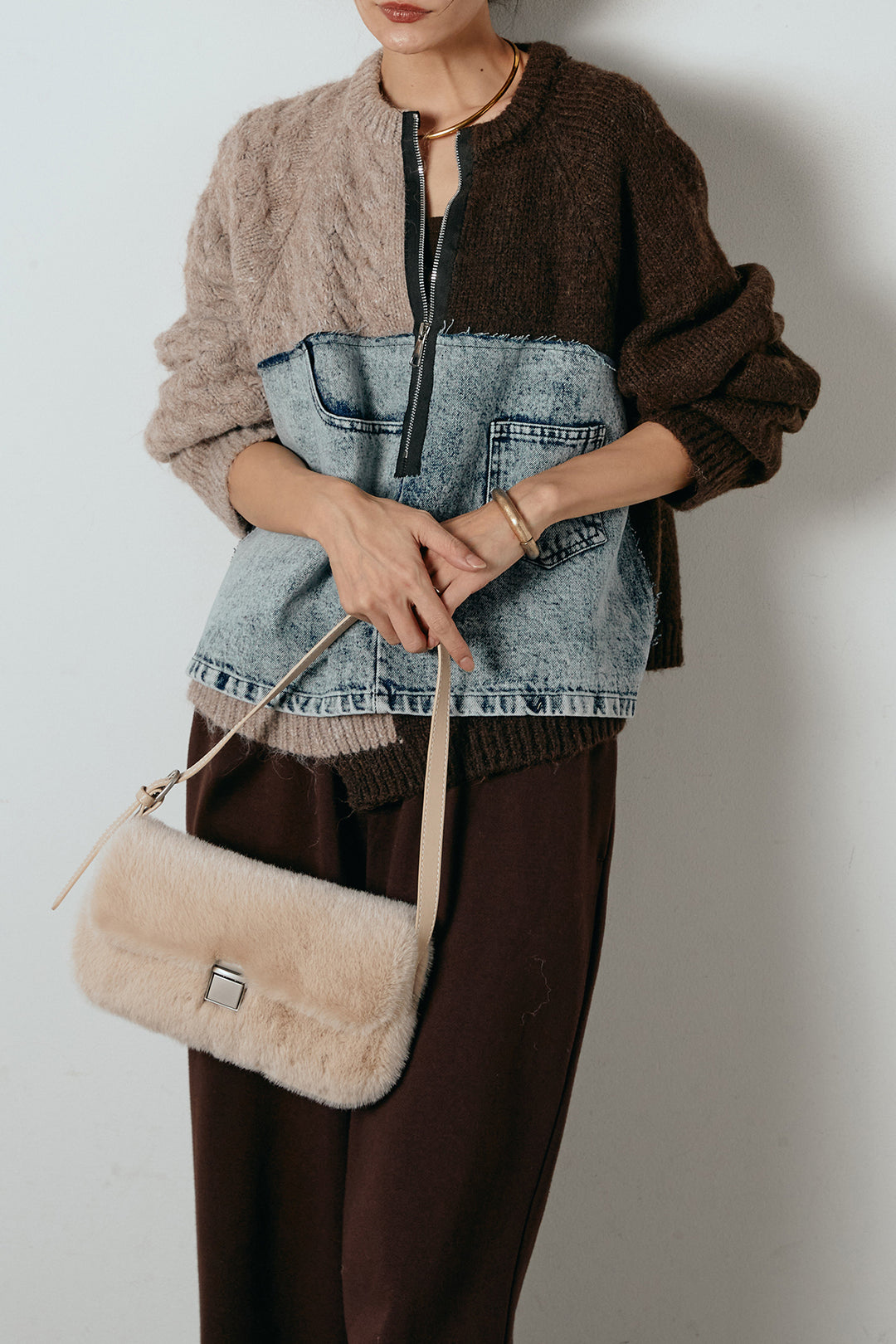 [SET]ハーフジップニットデニムドッキングトップス+裏起毛スウェットワイドパンツ(2set)