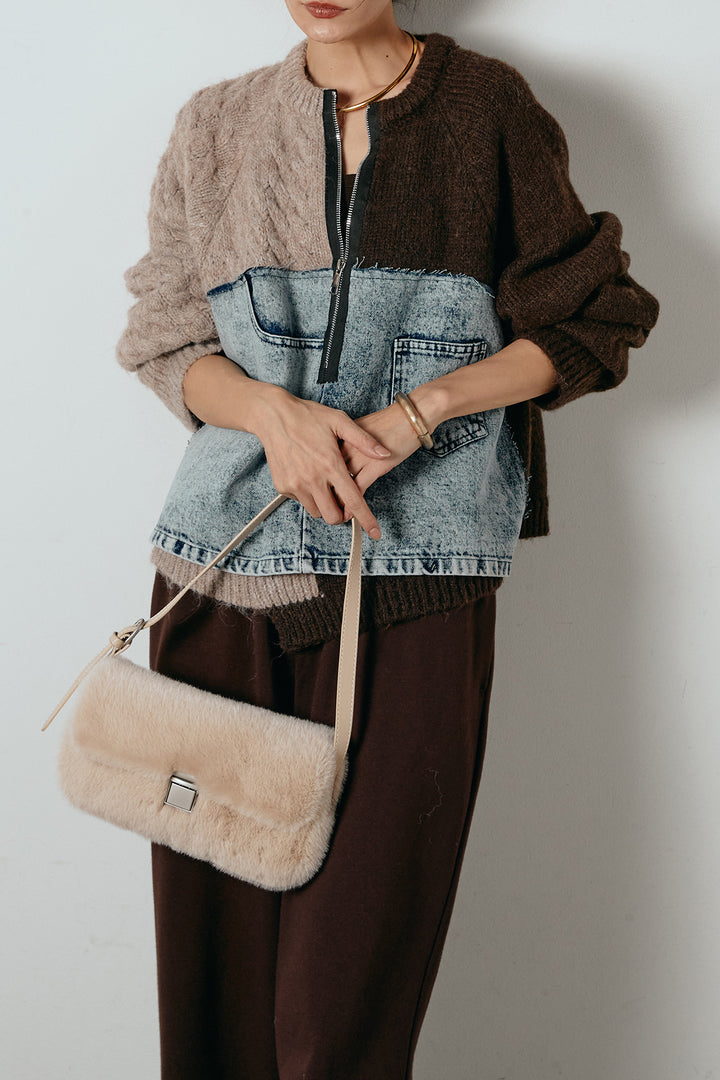 [SET]ハーフジップニットデニムドッキングトップス+裏起毛スウェットワイドパンツ(2set)