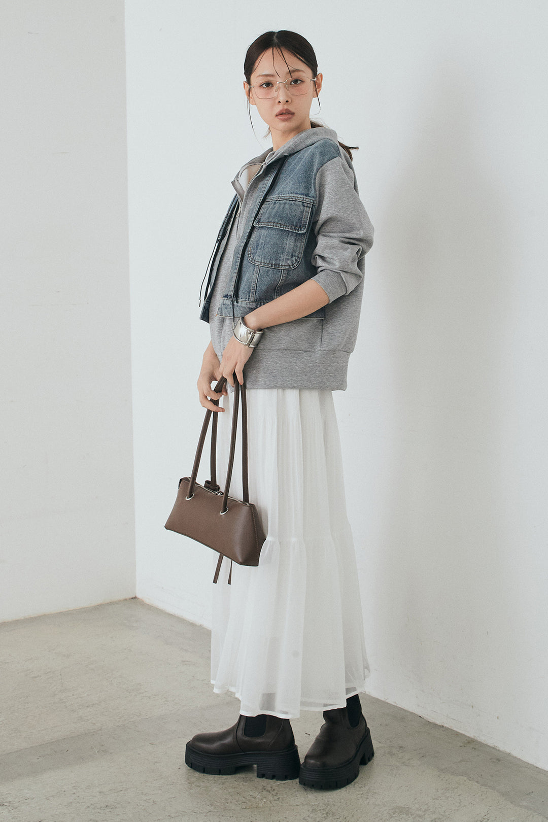 [SET]デニム切替ポンチダブルジップパーカー+ボリュームシルエットチュールスカート(2set)