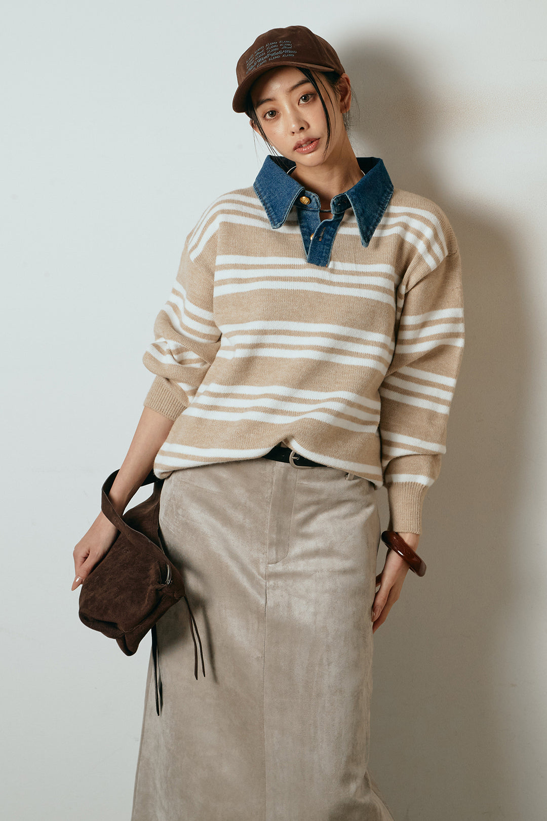 [SET]デニムレイヤード風ランダムボーダーニットプルオーバー+エコスウェードワイドスカート(2set)