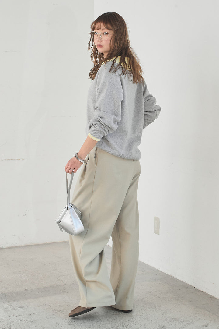 [SET]バイカラーニットレイヤード風プルオーバー+サイドベルトタック入りスラックス(2set)