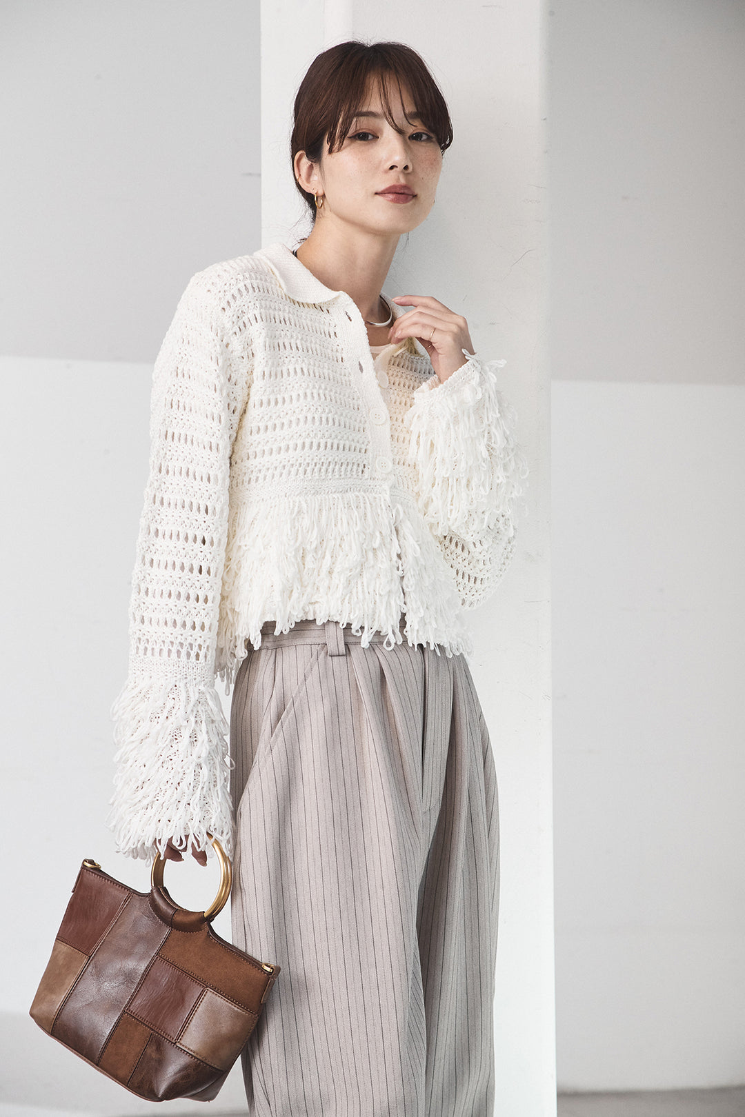 [SET]メッシュフリンジカーディガン+ヘリンボーンストライプツータックパンツ(2set)