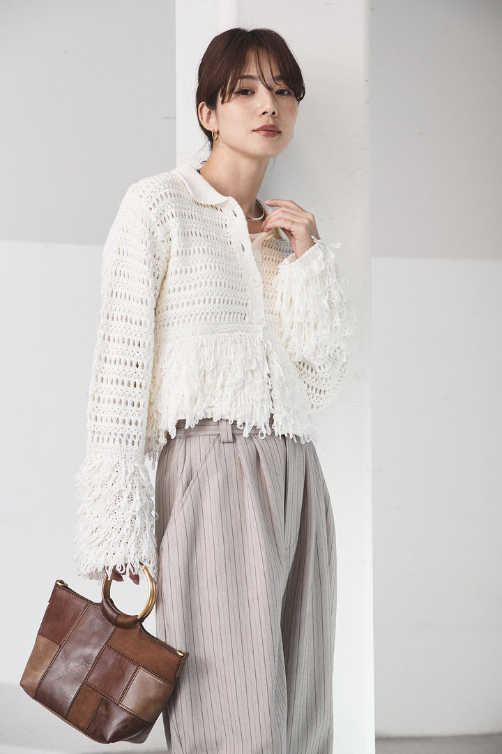 [SET]メッシュフリンジカーディガン+ヘリンボーンストライプツータックパンツ(2set)