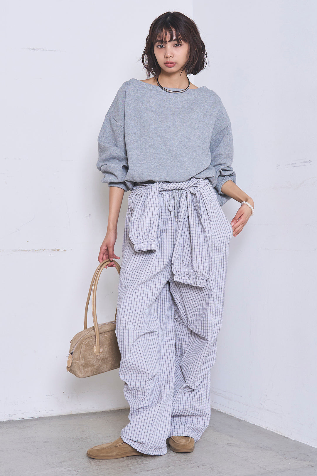 [SET]ワンショルスウェットプルオーバー+チェックウエスト巻きジョガーパンツ(2set)