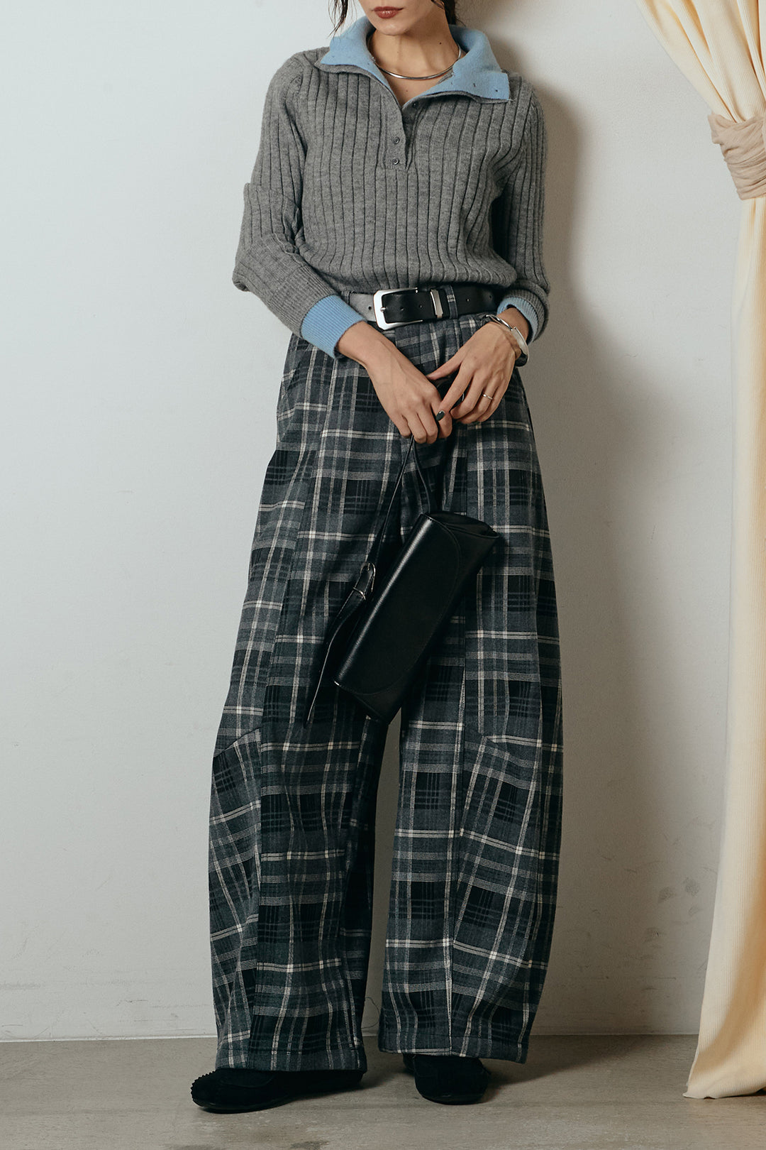 [SET]レイヤード風リブニットトップス+ベルト付きタータンチェックカーブワイドパンツ(2set)
