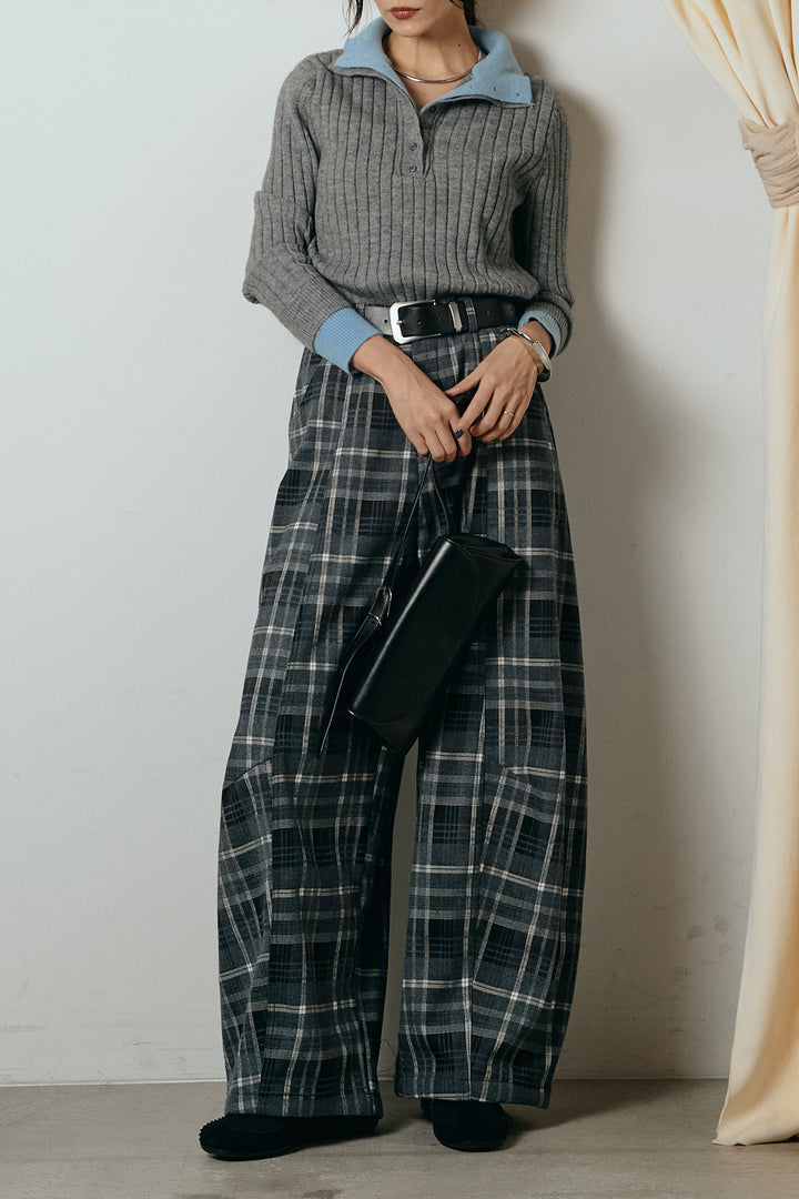 [SET]レイヤード風リブニットトップス+ベルト付きタータンチェックカーブワイドパンツ(2set)