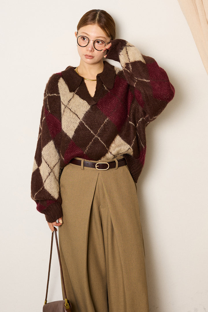 [SET]アクリルモヘアアーガイルキーネックプルオーバー+フロントワイドタックネップ入ワイドパンツ(2set)