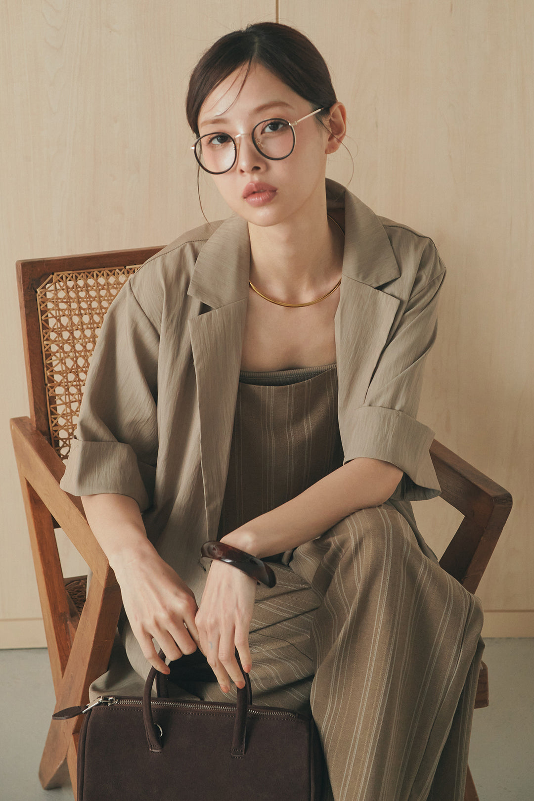 [SET]リネンストライプレイヤードキャミ+リネンストライプタックワイドパンツ(2set)