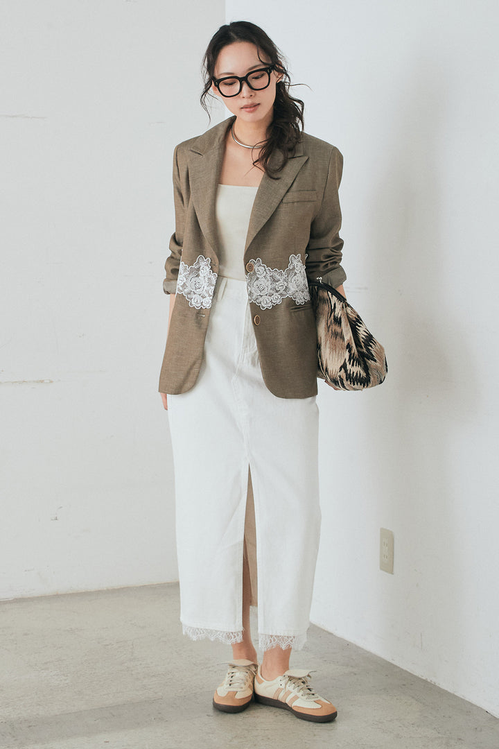 [SET]リネンタッチレースデザインジャケット+裾レースデザインデニムスカート(2set)