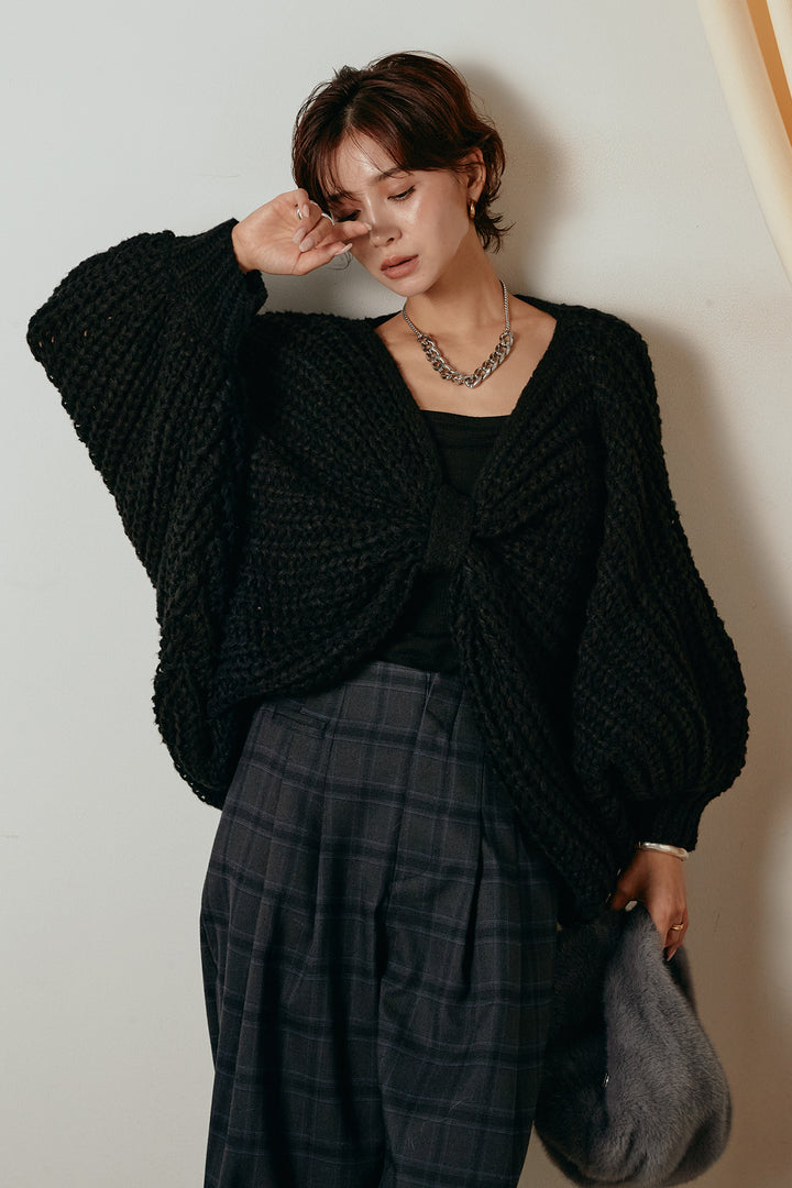 [SET]フロントツイストニット編みトップス+タータンチェック柄くすみワイドパンツ(2set)