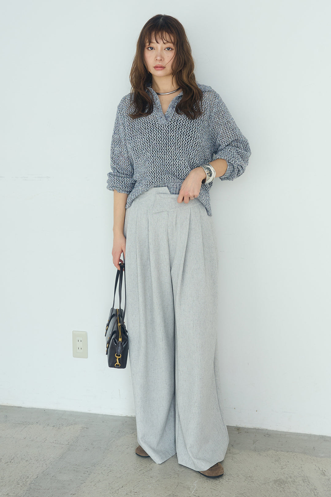 [SET]ミックスメッシュポロニット+麻混タックワイドパンツ(2set)