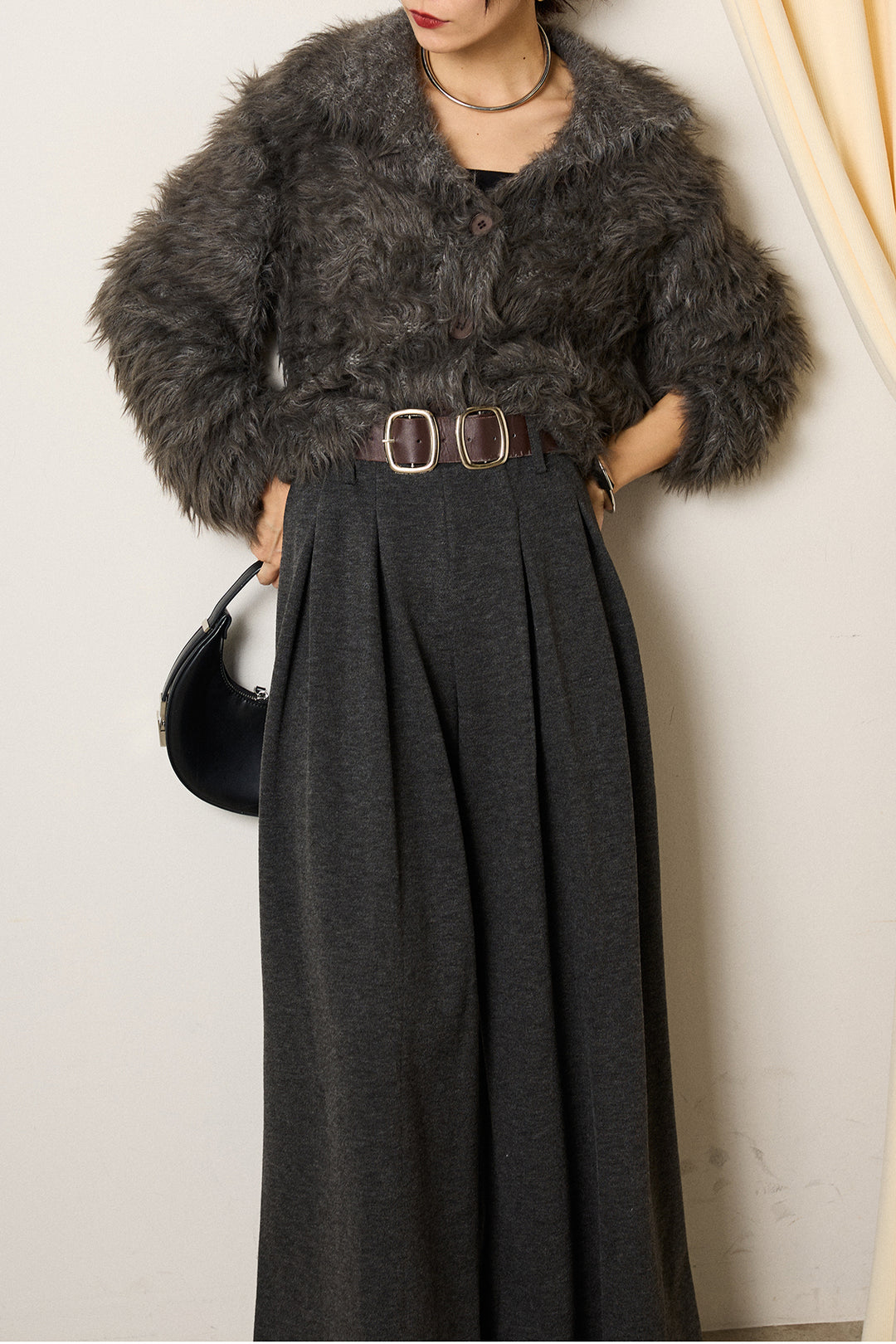 [SET]襟付きシャギーニットカーディガン+フェイクレザー太ベルト付きタックワイドパンツ(2set)