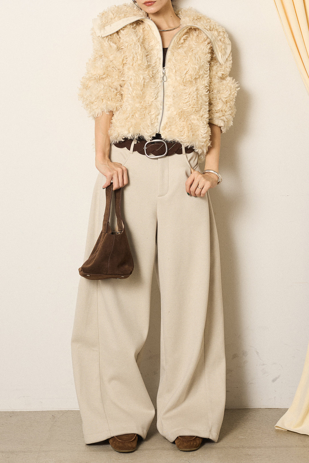 [SET]ビッグカラープードルボアアウター+編みベルト付きワイドパンツ(2set)