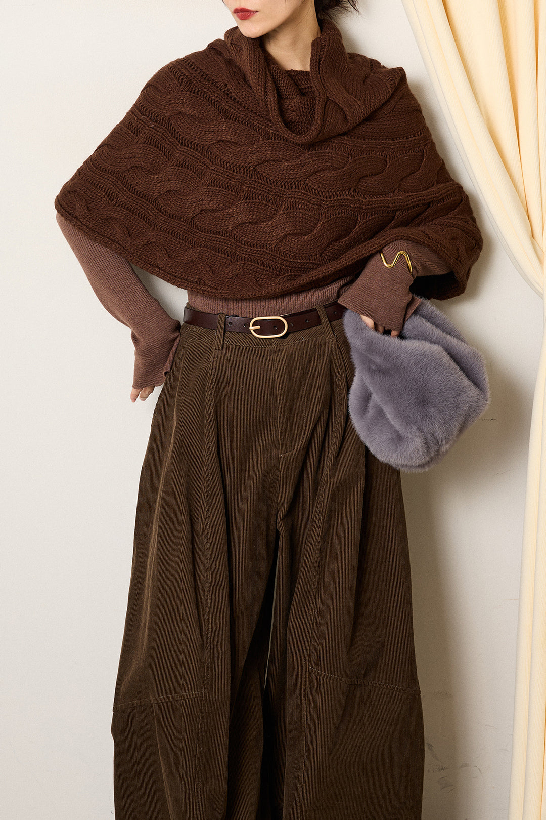 [SET]ケーブル編みケープレイヤードニット+タック入りコーデュロイワイドパンツ(2set)