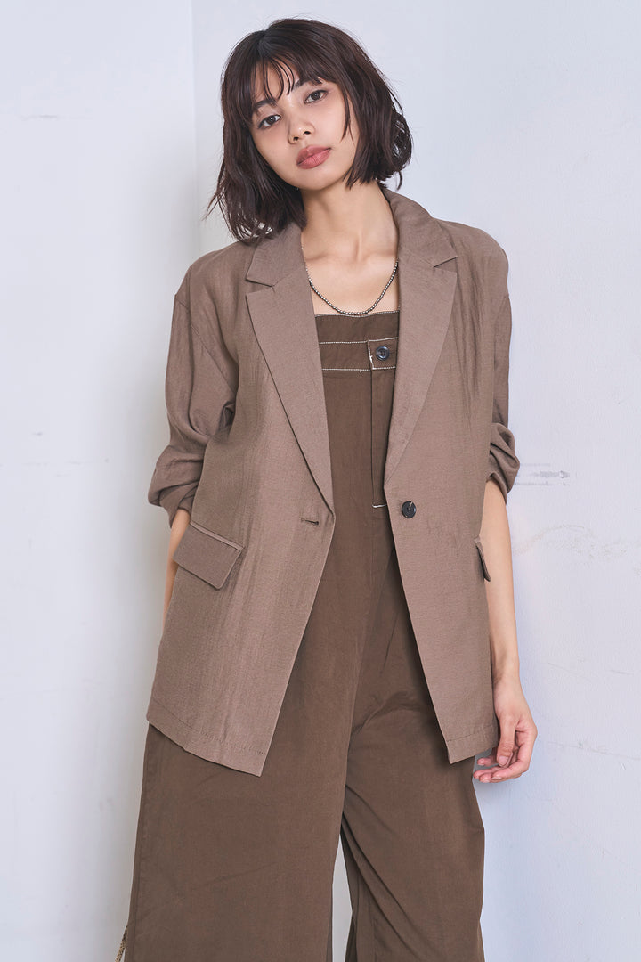 [SET]リネンブレンドテーラードシアージャケット+綿ツイルアシメサロペット(2set)