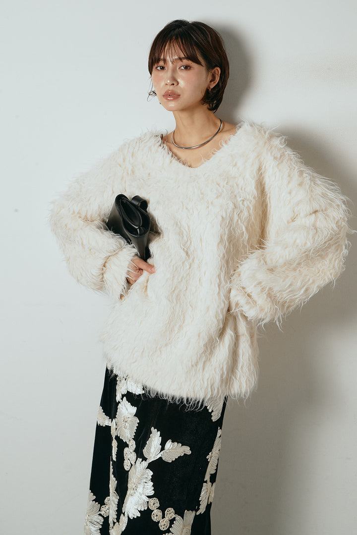 [SET]深Vネックシャギーニットトップス+フラワー刺繍ワイドスカート(2set)