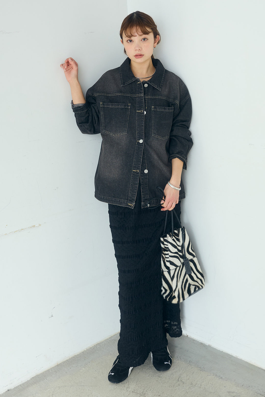 [SET]デニムオーバーサイズジャケット+ジャガードカットソータイトスカート(2set)