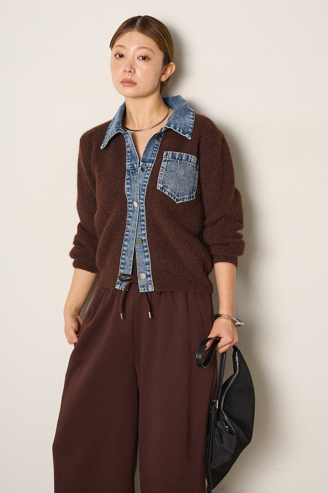 [SET]襟付きデニム切替ニットカーディガン+裏起毛スウェットワイドパンツ(2set)