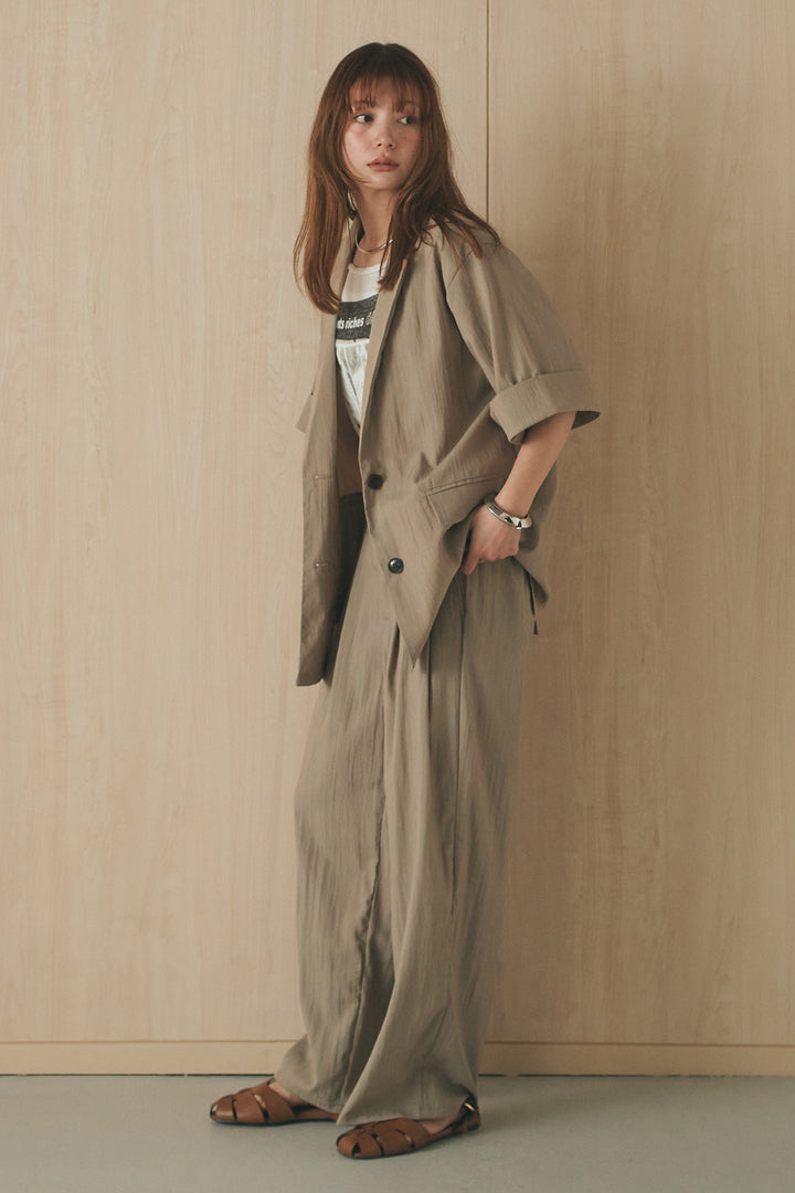 [SET]リネンライクテーラードハーフスリーブジャケット+リネンライク2タックワイドパンツ+半袖モノトーングラフィックトップス(3set)