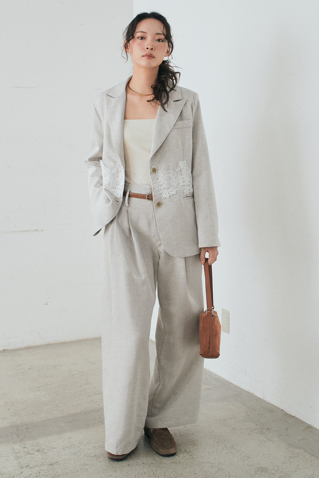 [SET]リネンタッチレースデザインジャケット+リネンタッチ細ベルト付きワイドパンツ(2set)
