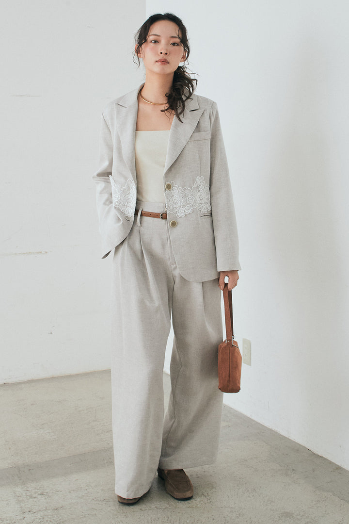 [SET]リネンタッチレースデザインジャケット+リネンタッチ細ベルト付きワイドパンツ(2set)