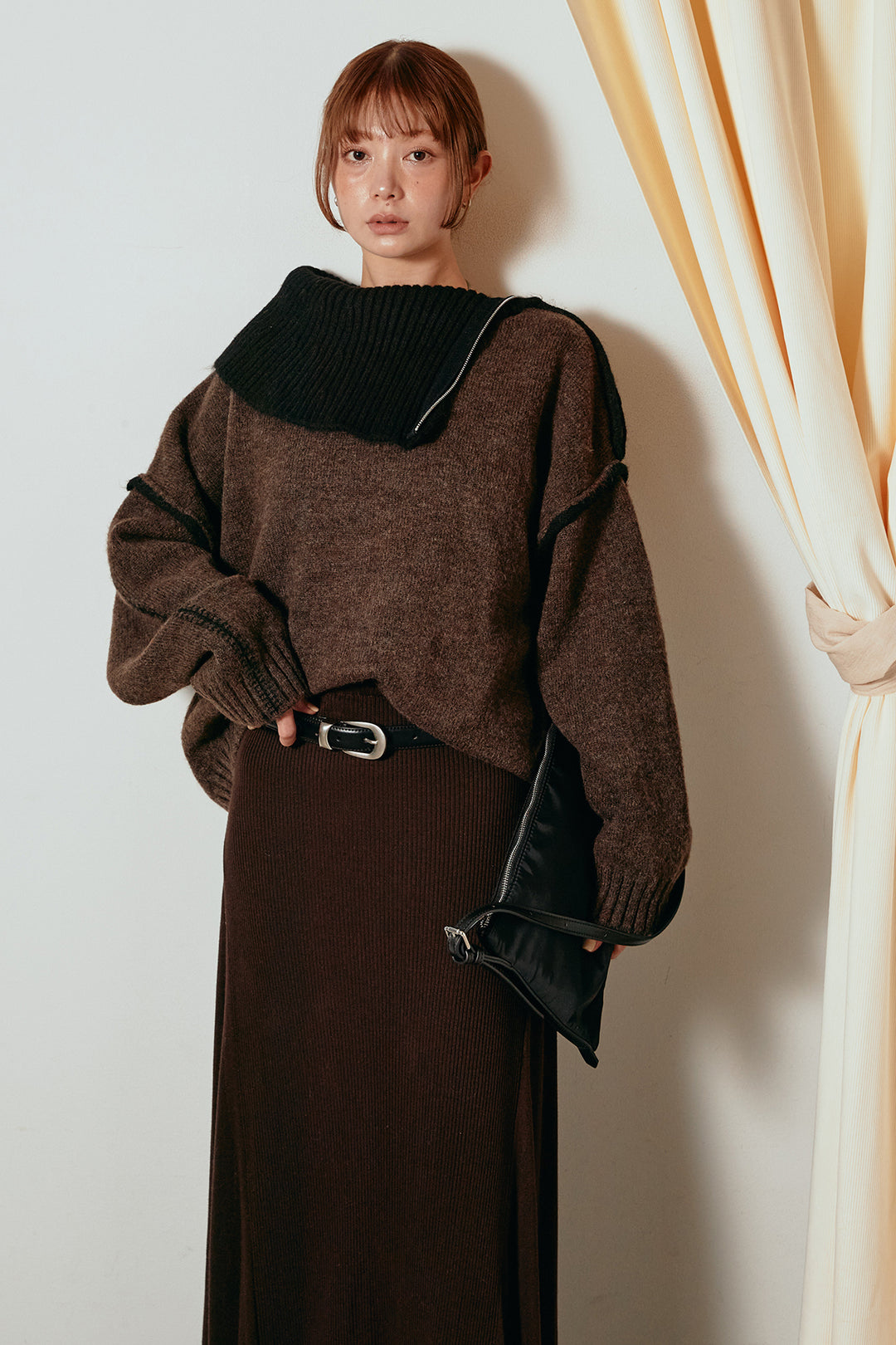 [SET]ハイネックジップデザインニットトップス+サイド切り替えリブニットロングスカート(2set)