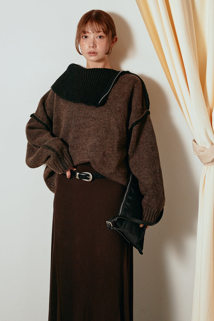 [SET]ハイネックジップデザインニットトップス+サイド切り替えリブニットロングスカート(2set)