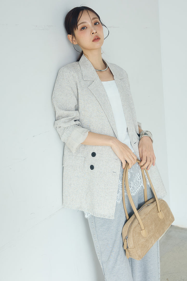 [SET]スラブネップツイードフリンジテーラードジャケット+サイドデザイン入りスウェットパンツ(2set)