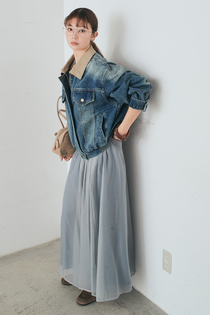 [SET]襟切り替えジップデニムジャケット+リラックスシアーフレアスカート(2set)