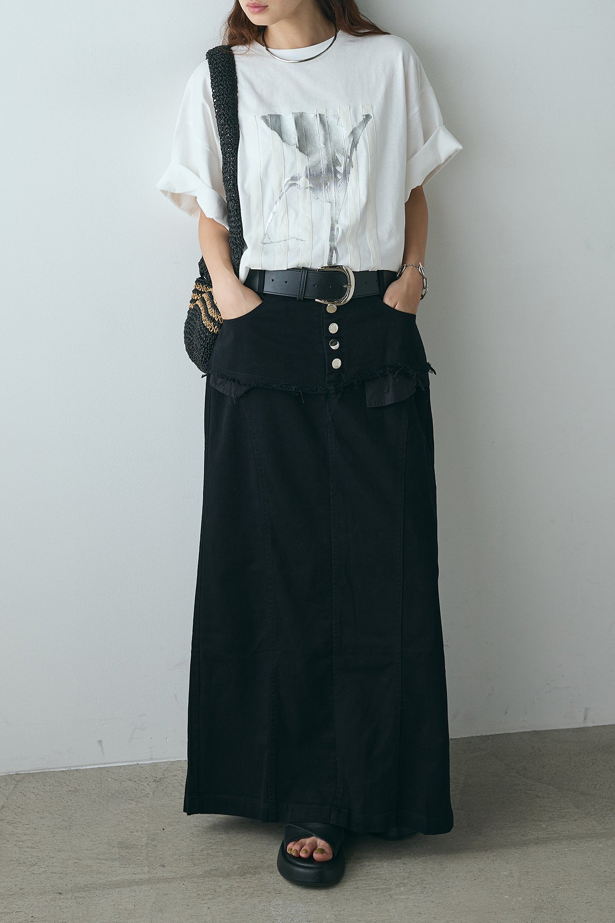 SET]ニュアンス箔プリントTシャツ+レイヤードデザインワイド