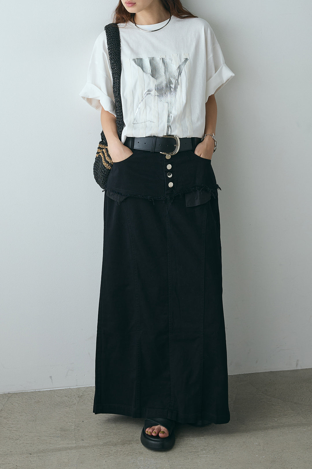 [SET]ニュアンス箔プリントTシャツ+レイヤードデザインワイドスカート(2set)