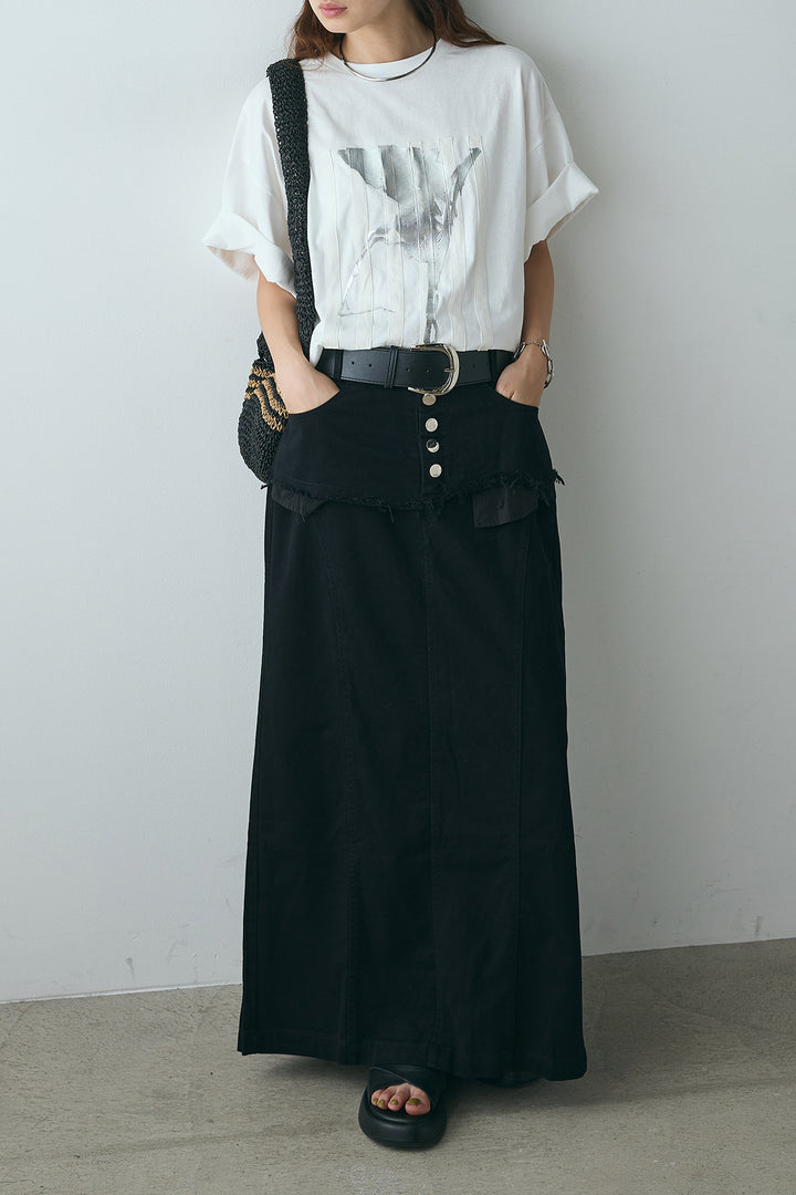 [SET]ニュアンス箔プリントTシャツ+レイヤードデザインワイドスカート(2set)