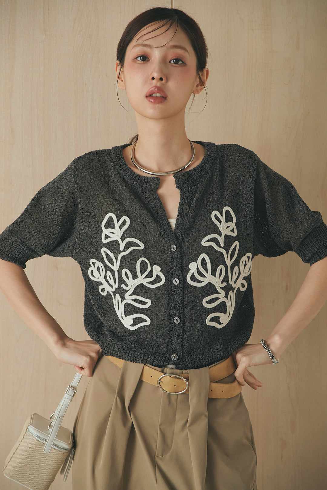 [SET]フロントテープデザイン半袖カーディガン+ベルトループデザインハイウエストタックパンツ(2set)