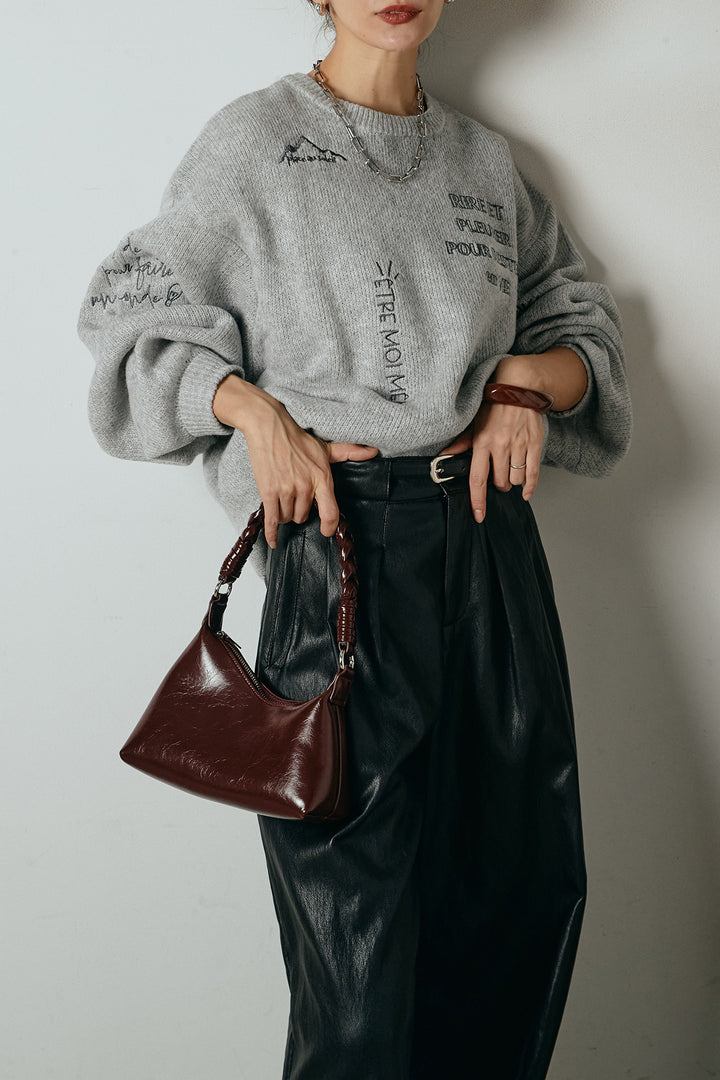 [SET]刺繍ロゴランダムデザインニットトップス+ベルト付きレザーライクタックパンツ(2set)