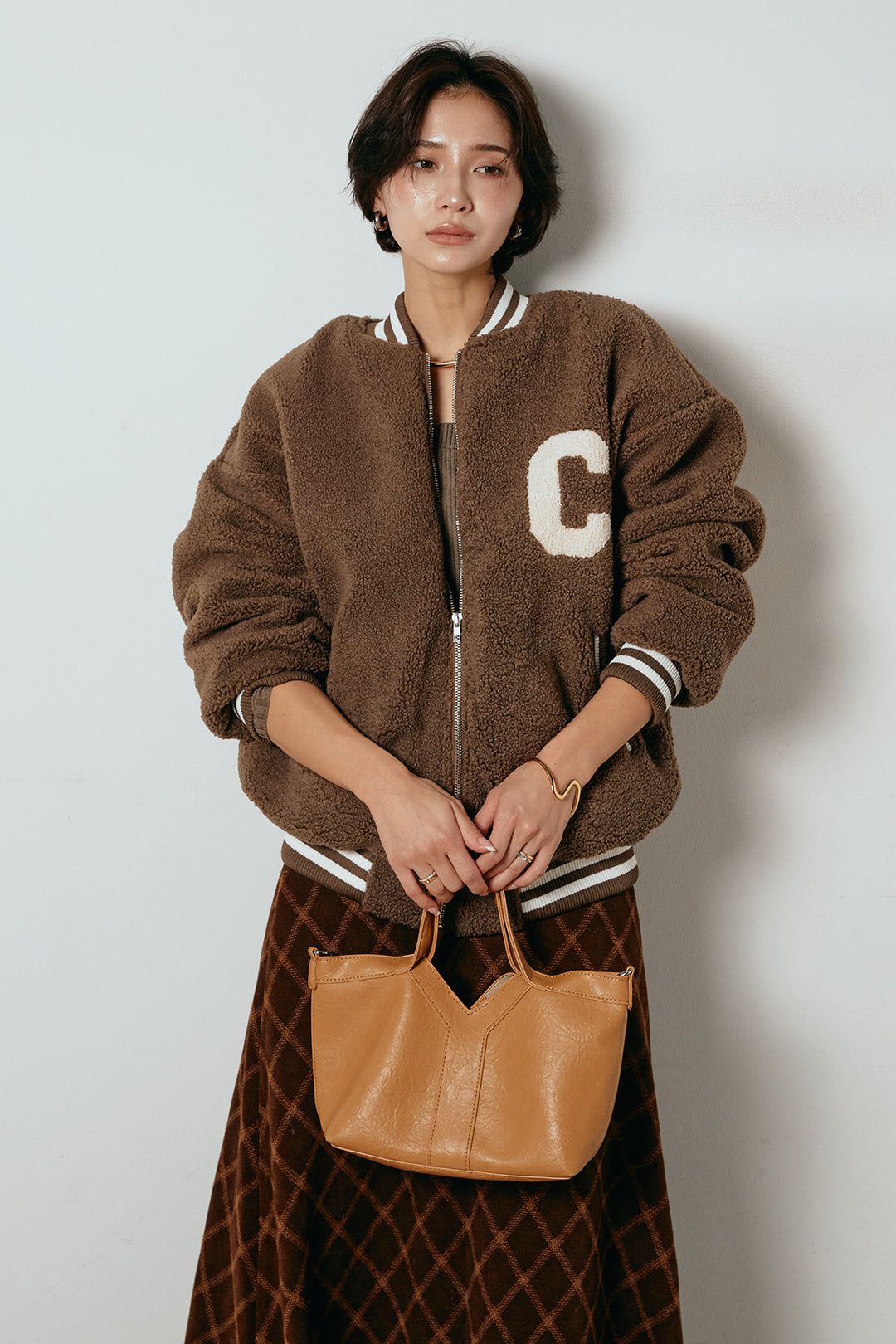 [SET]ロゴスタジャンボアブルゾン+フロッキー起毛チェックスカート(2set)