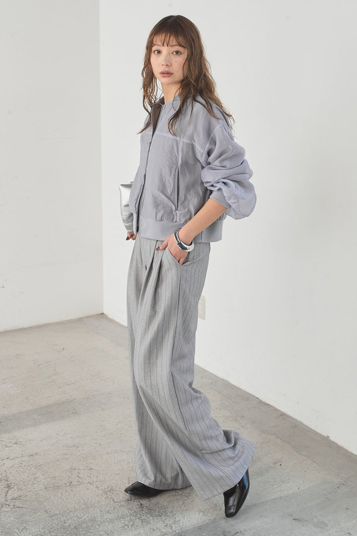 [SET]シアー×ポンチブルゾン+細ベルト付きピンストライプワイドパンツ(2set)