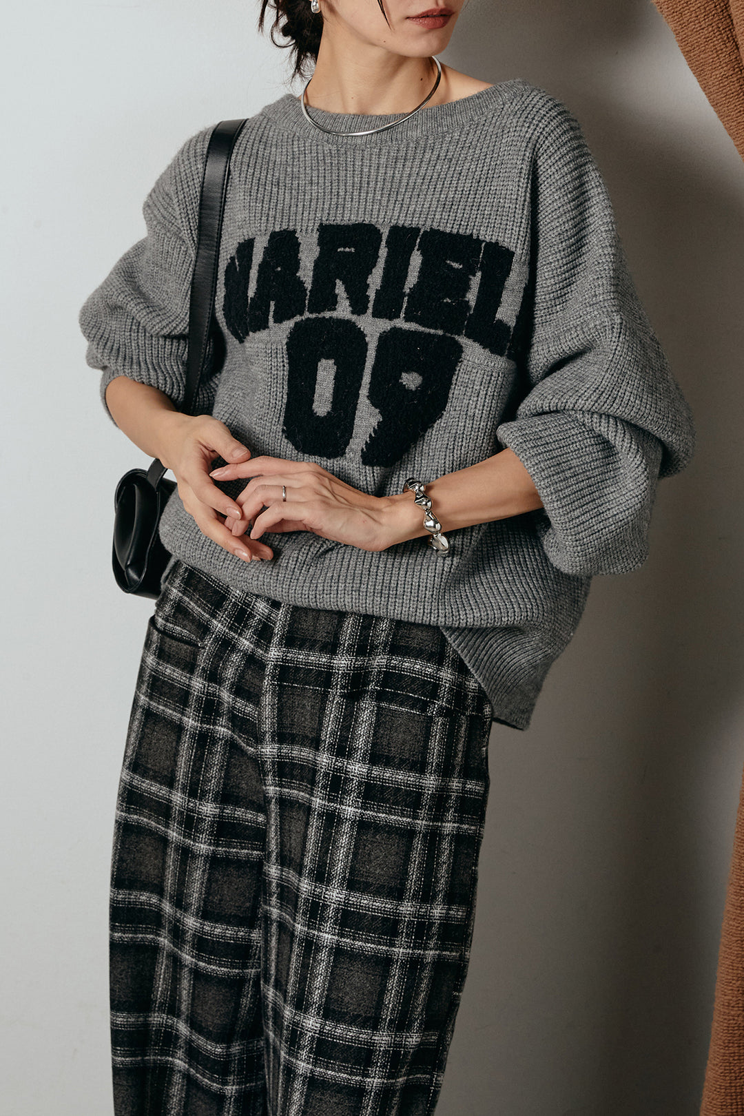 [SET]ロゴジャガードニットトップス+ルーズタータンチェックワイドパンツ(2set)