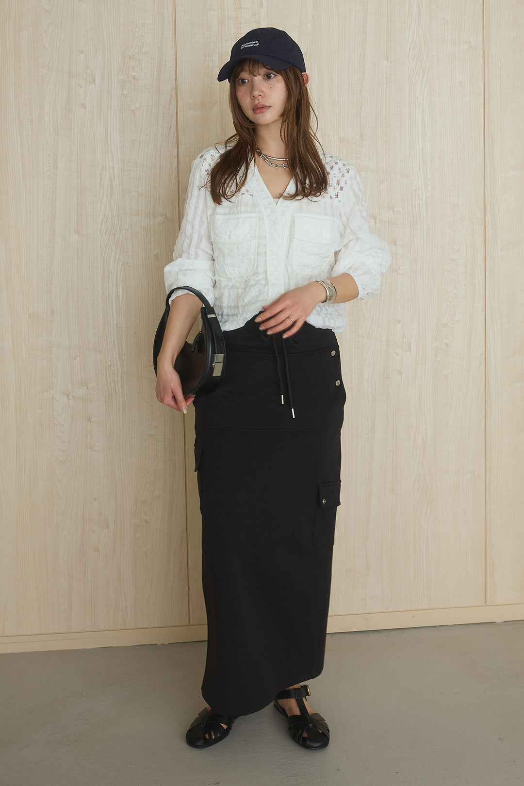 [SET]異素材切替シアーメッシュカーディガン+ドットボタン付きカットタイトスカート(2set)