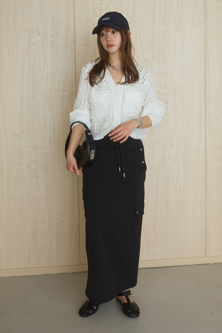 [SET]異素材切替シアーメッシュカーディガン+ドットボタン付きカットタイトスカート(2set)