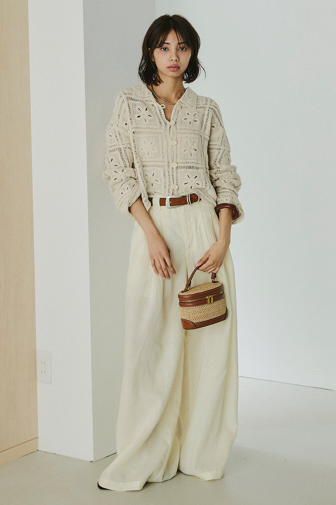 [SET]鍵編みフラワーレースカーディガン+タック入りワイドパンツ(2set)