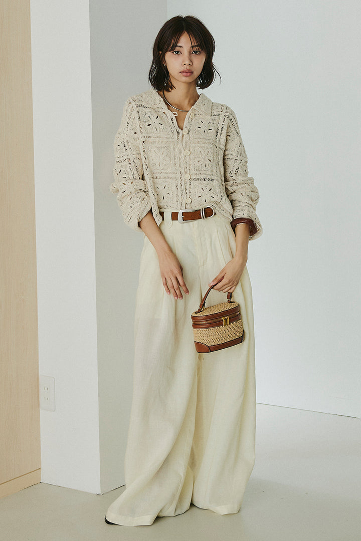 [SET]鍵編みフラワーレースカーディガン+タック入りワイドパンツ(2set)
